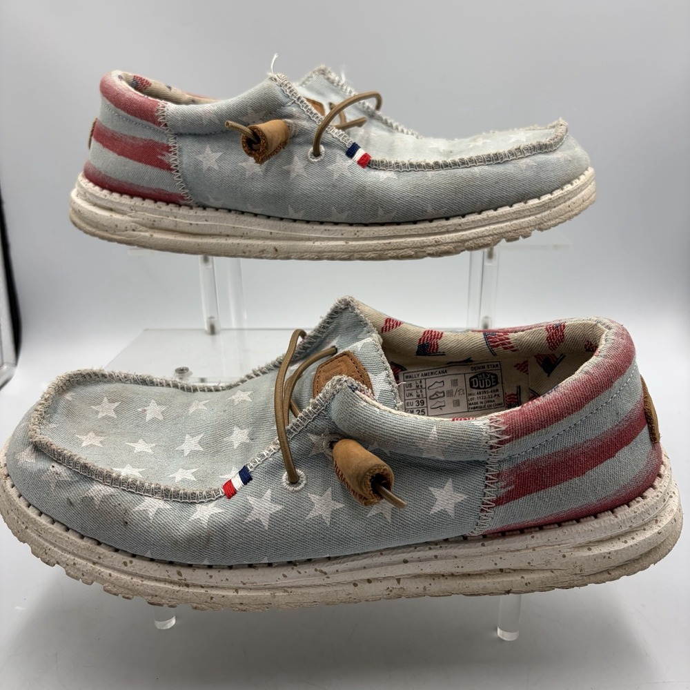 Hey Dude Men's Wally Americana Denim Stripe Slip-On Shoes L8 M6 Patriotic Flag